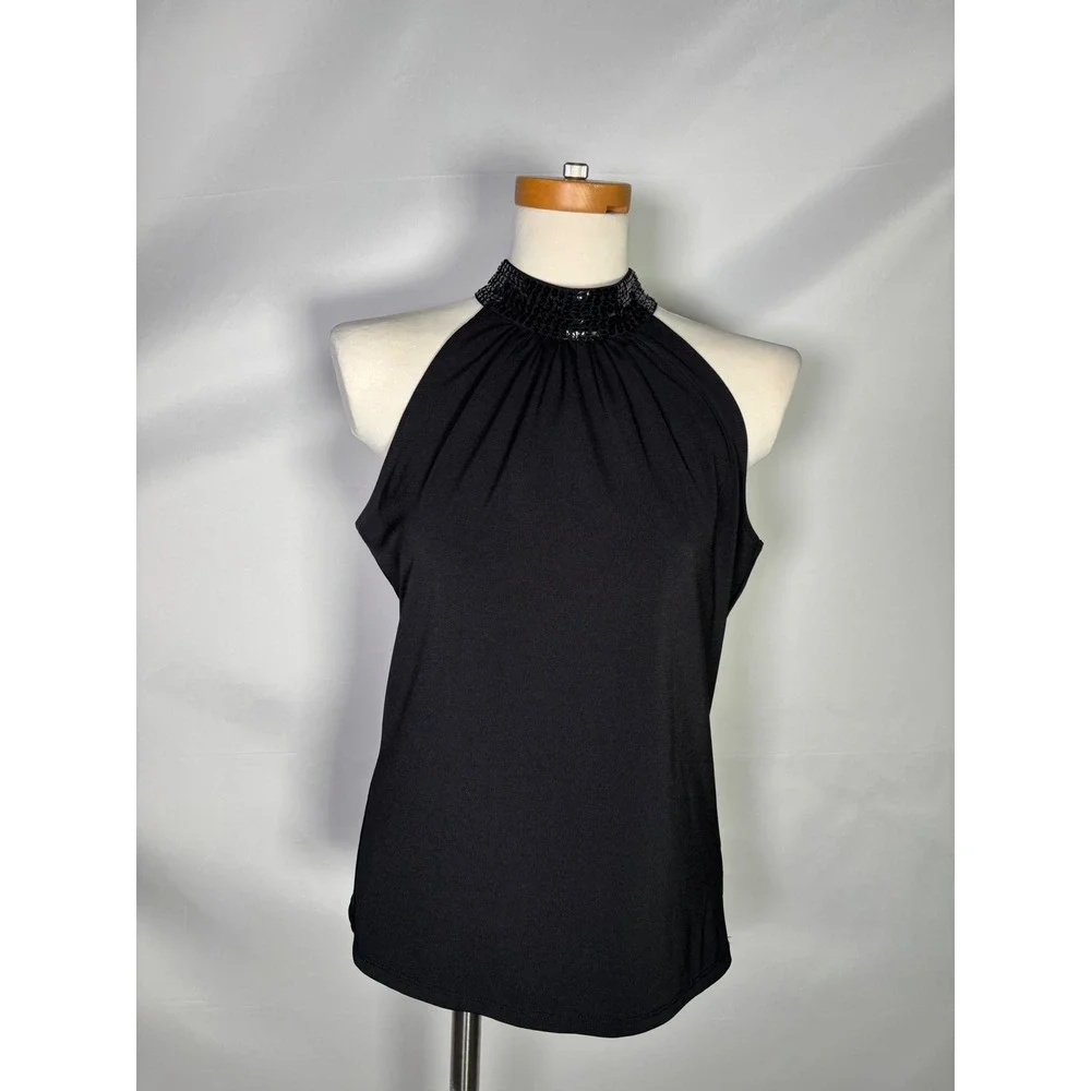 Michael Kors Women Black Sequin Halter Neck Top Sleeveless Blouse Size M